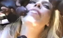 Skinny blonde swallows cum after a hardcore outdoor